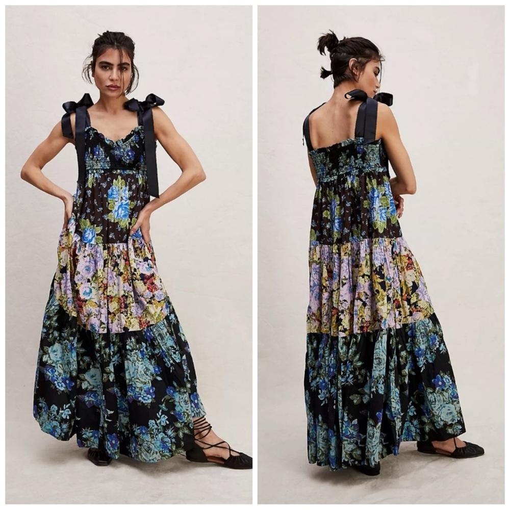 Free People Black Floral Tiered Maxi Dress with Blue & Green Blooms